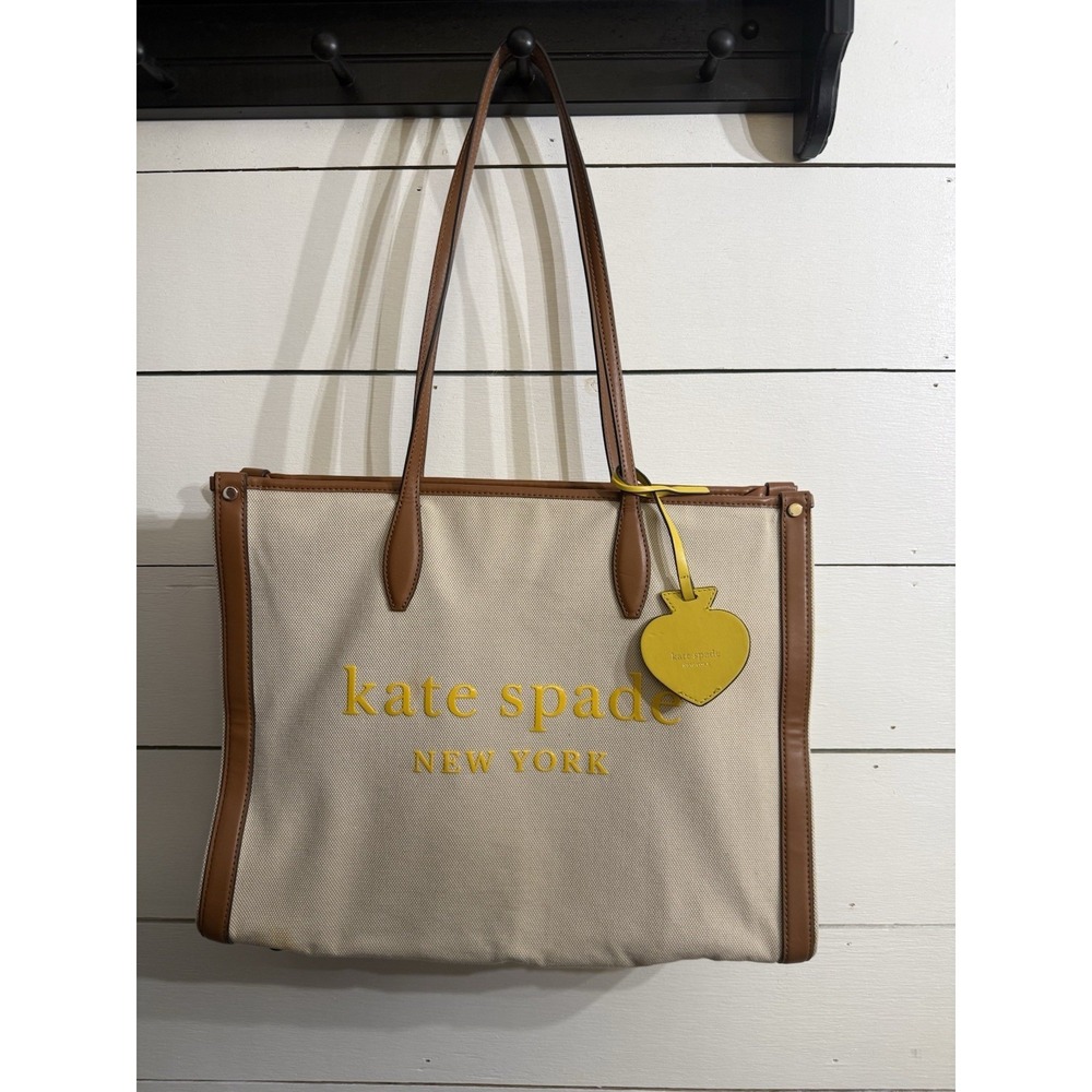 Kate Spade NY Large Market Tote Bag Beige Canvas, Brown Leather Yellow